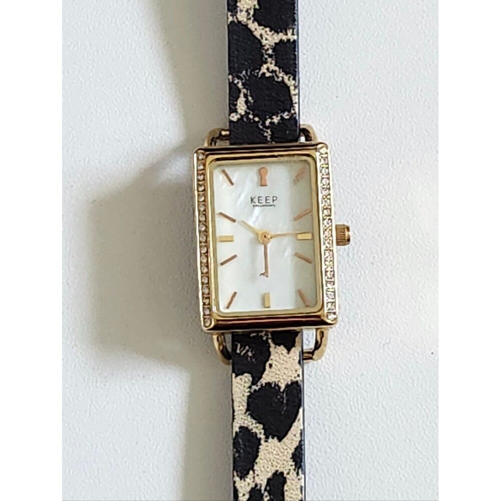 KEEP Collective Rectangular Gold Watch with Black & Cream Leopard Strap